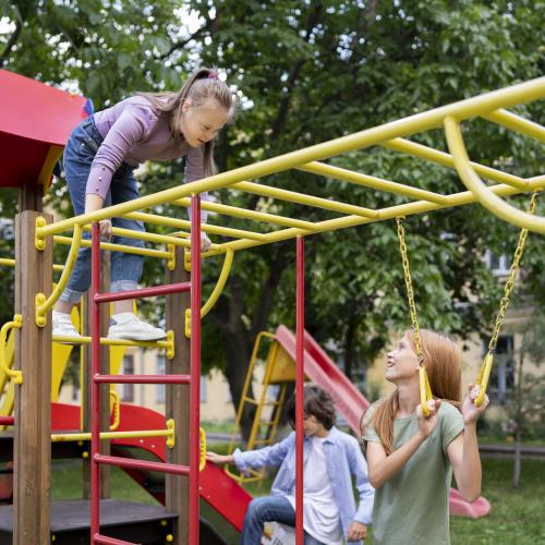 Children playing on playground equipment